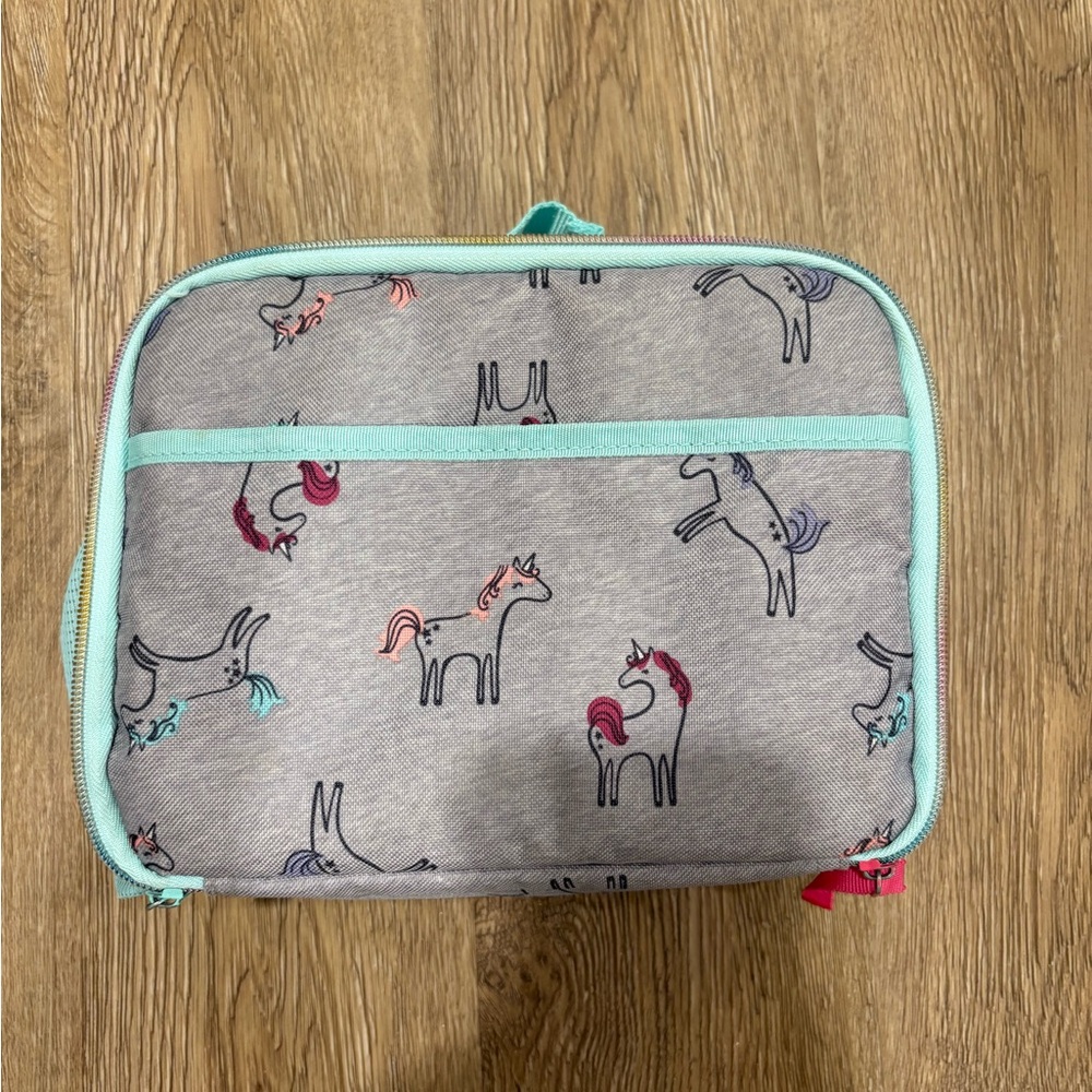 Pottery Barn Kids Gray Lunchbox with Mint Trim and Unicorns
